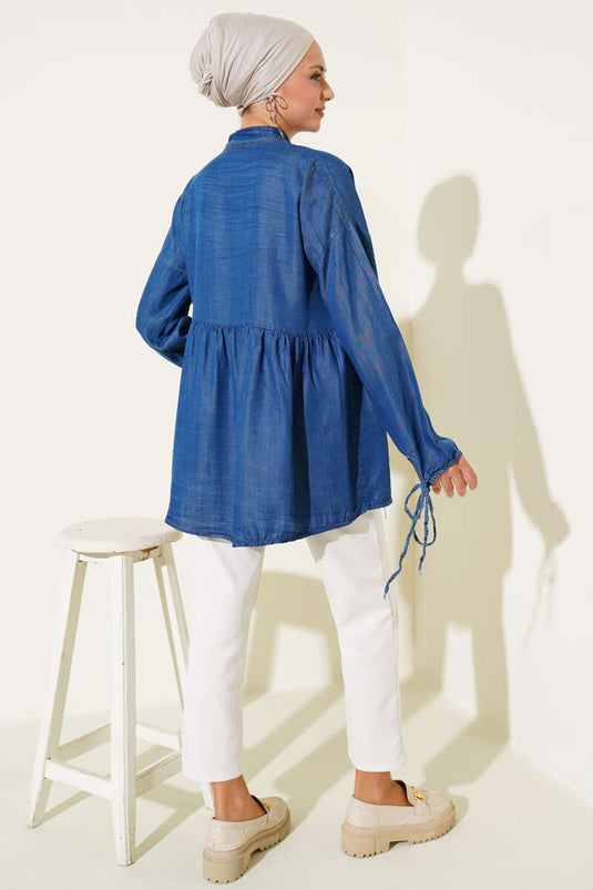 Mini Çiçekli Göğüs Cepli Kot Gömlek Koyu Mavi