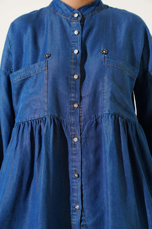 Mini Çiçekli Göğüs Cepli Kot Gömlek Koyu Mavi