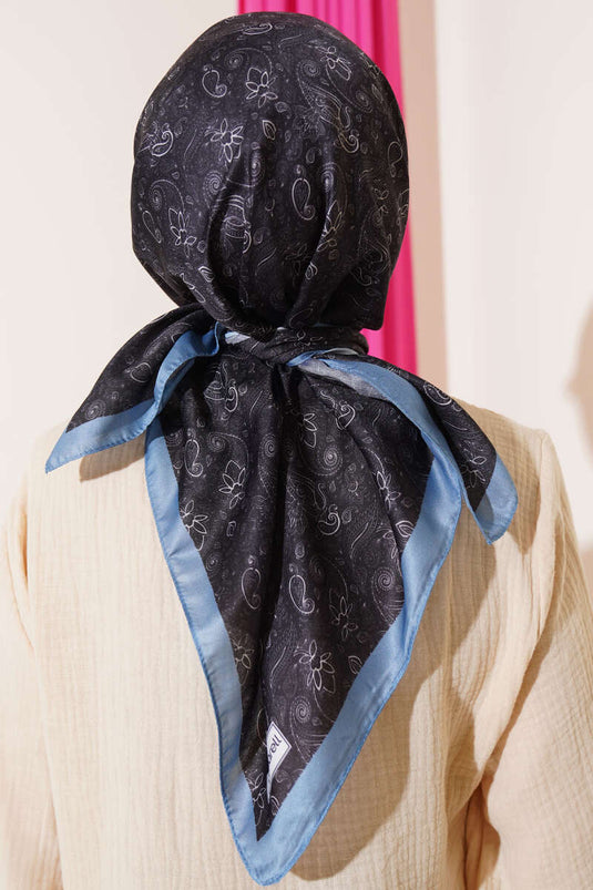 Mini Çiçekli Soft Eşarp Siyah Mavi