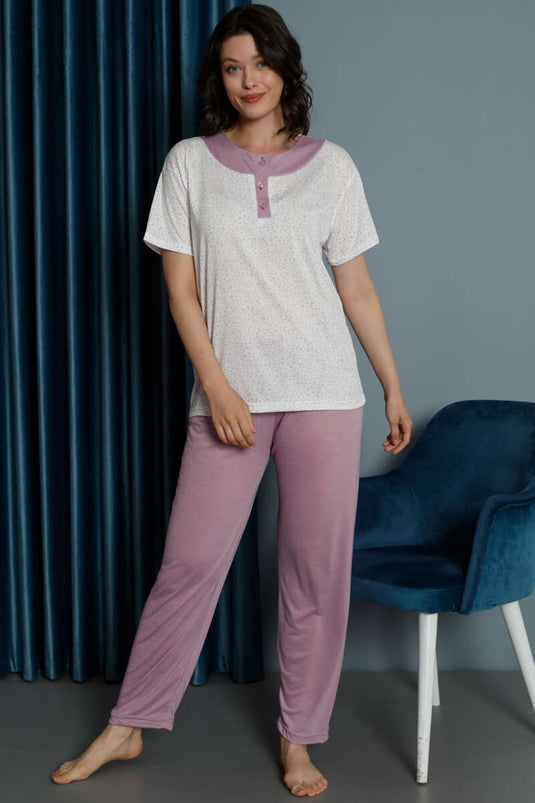 Mini Çiçekli Viskon Pijama Takımı Gül Kurusu