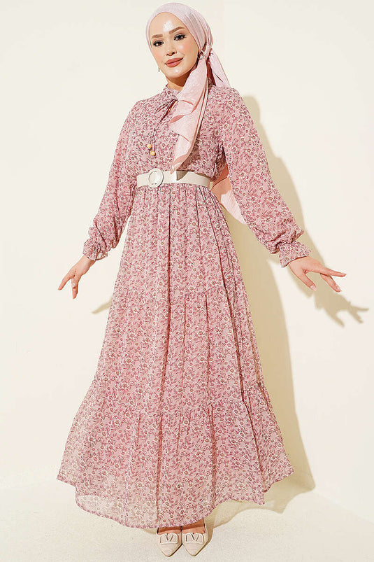 Robe Mini À Col Fleuri Et Nœud En Rose Poudré