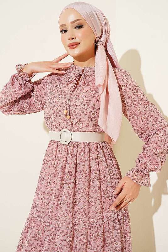Robe Mini À Col Fleuri Et Nœud En Rose Poudré