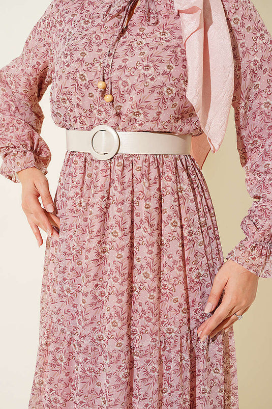 Robe Mini À Col Fleuri Et Nœud En Rose Poudré