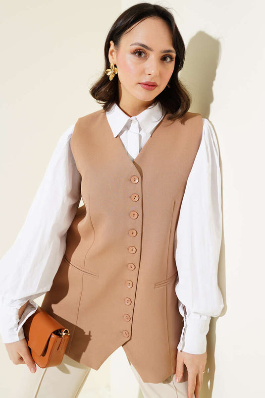 Mini gilet long boutonné Camel