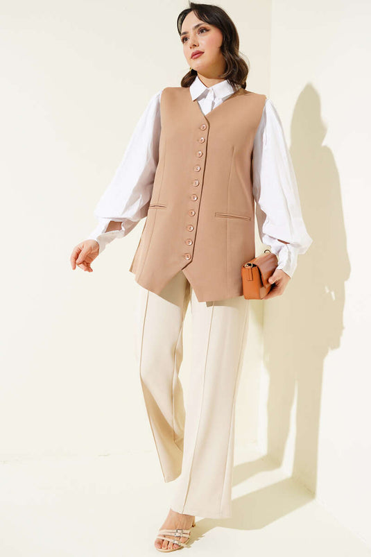 Mini gilet long boutonné Camel