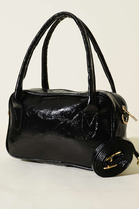 Mini Fermuarlı Rugan El Çantası Siyah