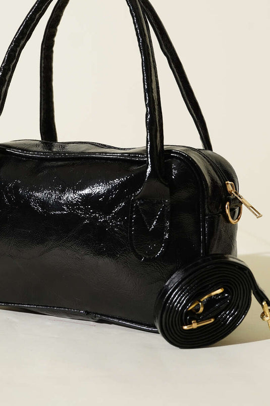 Mini borsa a mano in vernice con cerniera, nera