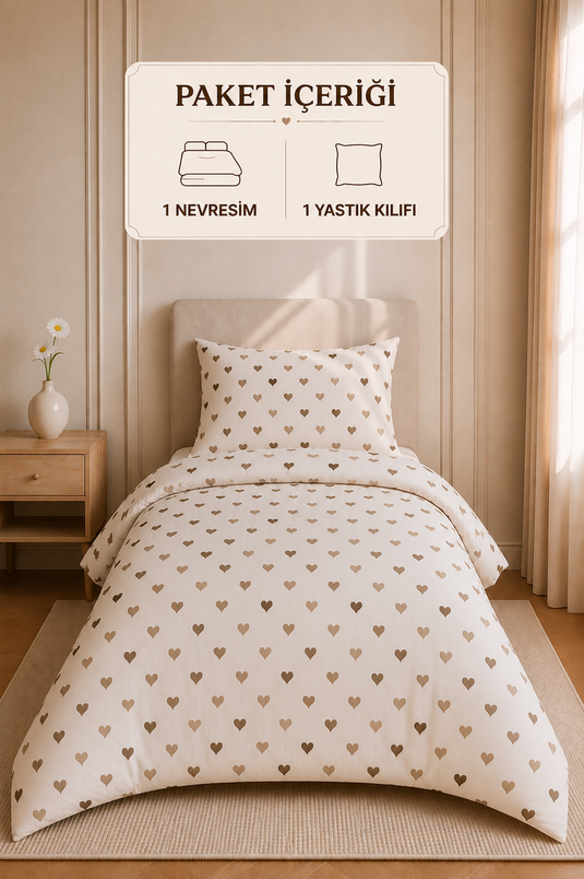 Mini Kalp Desen Tek Kişilik Nevresim Takımı Kahve