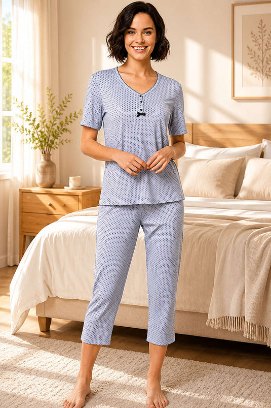 Ensemble pyjama court à manches courtes avec nœud et petits pois, bleu bébé