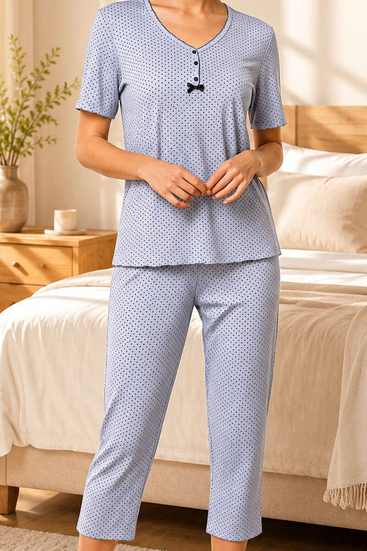 Ensemble pyjama court à manches courtes avec nœud et petits pois, bleu bébé
