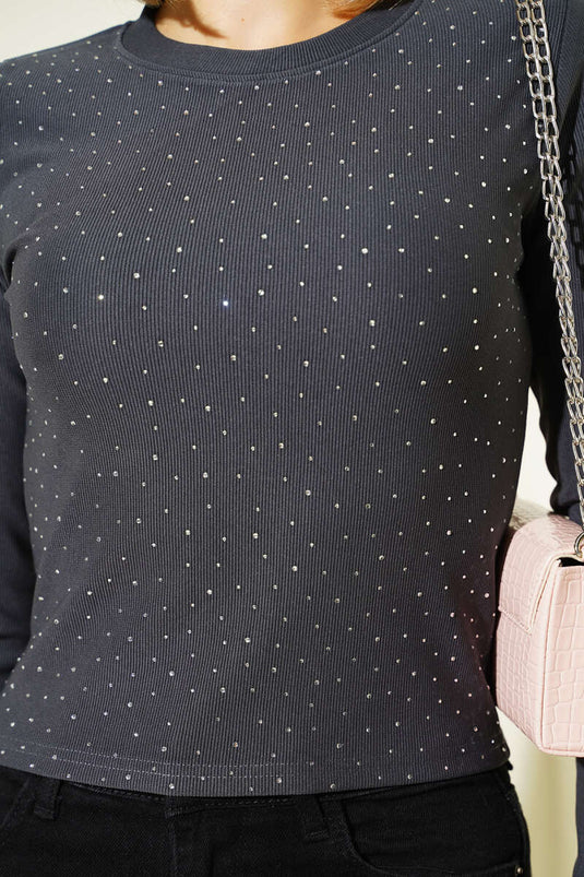 Mini Blouse with Scattered Stones, Smoke Grey