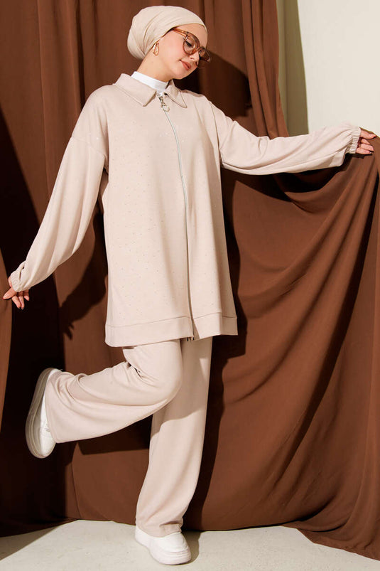 Mini Serpme Taşlı İkili Takım Bej