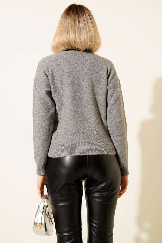 سترة صغيرة محبوكة لامعة، رمادية