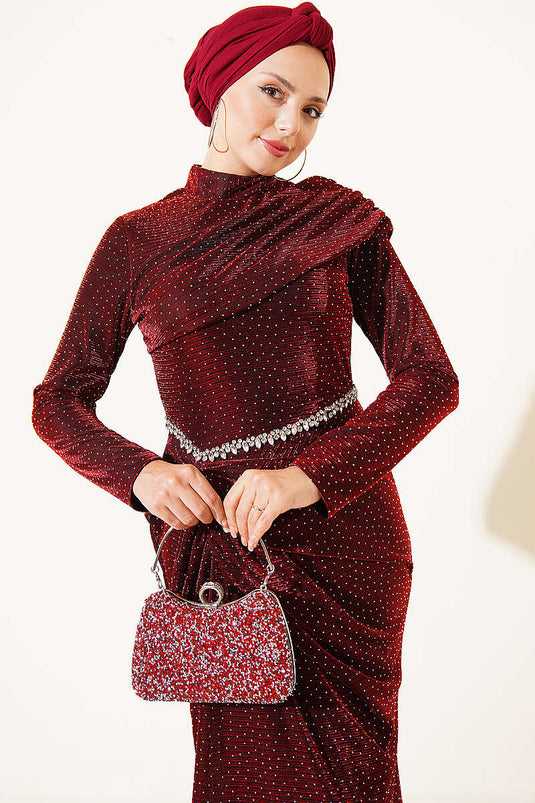 Mini Taş Detaylı Abiye Elbise Bordo