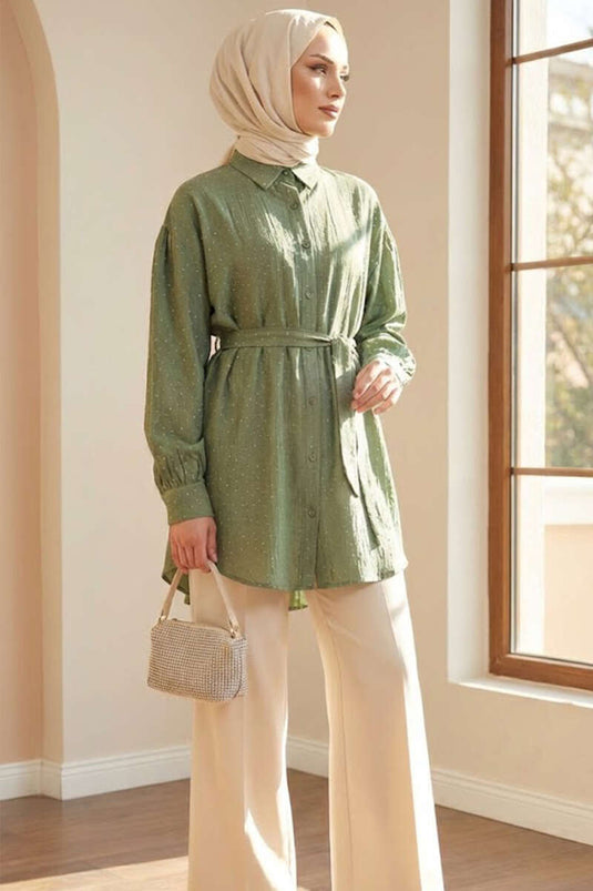 Mini Shirt with Stone Details and Belt in Khaki