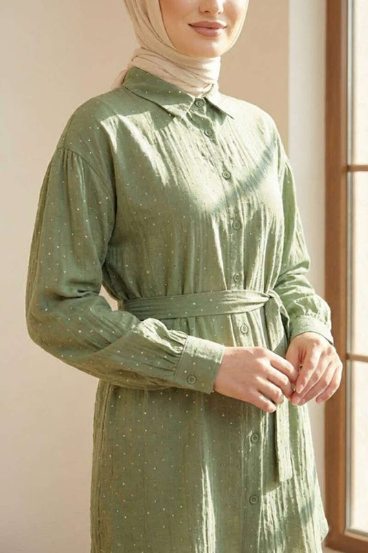 Mini Taş Detaylı Kuşaklı Gömlek Haki