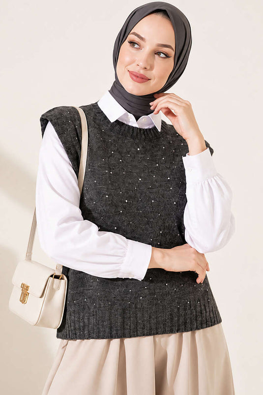 Pull En Maille Mini Orné Gris Fumé