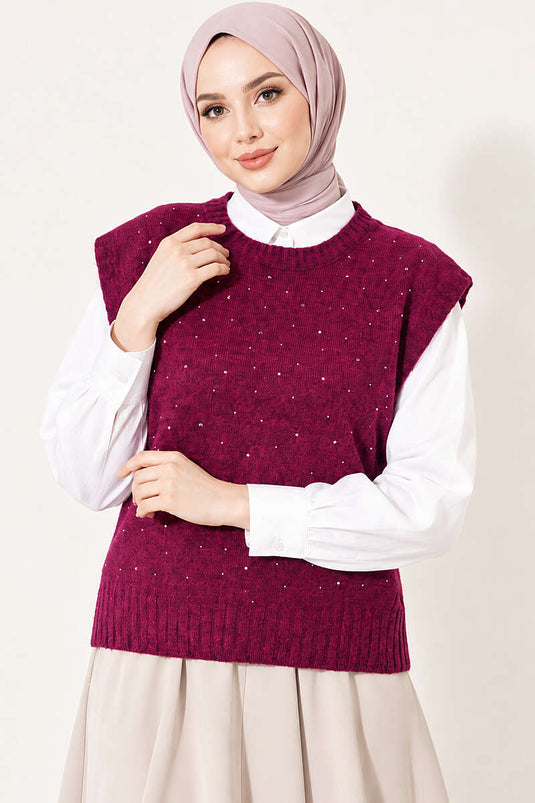 Mini Gestrickter Pullover Mit Steinchen In Magenta