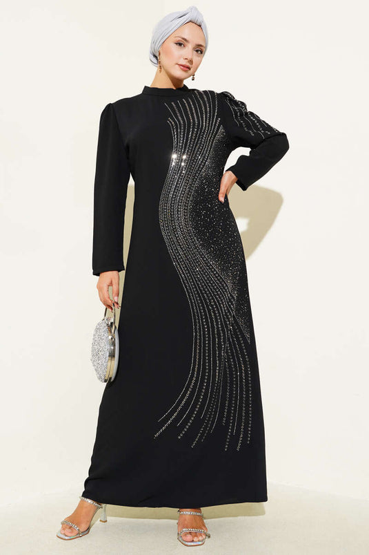 فستان سهرة قصير مزين بالأحجار باللون الأسود