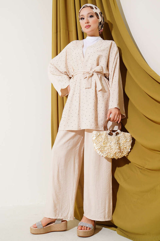 Mini Stone Embellished Kimono Two-Piece Set, Beige