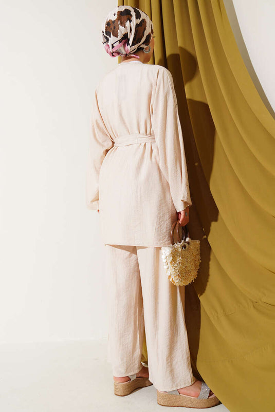 Mini Stone Embellished Kimono Two-Piece Set, Beige