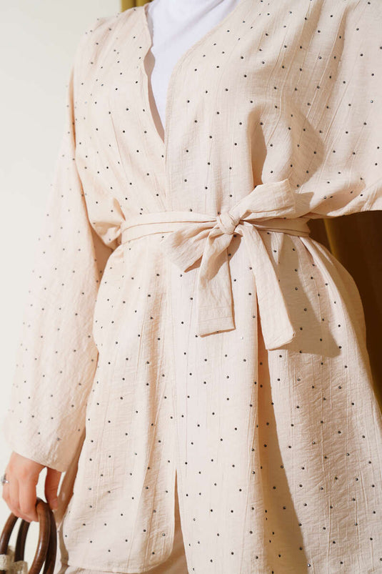 Mini Stone Embellished Kimono Two-Piece Set, Beige