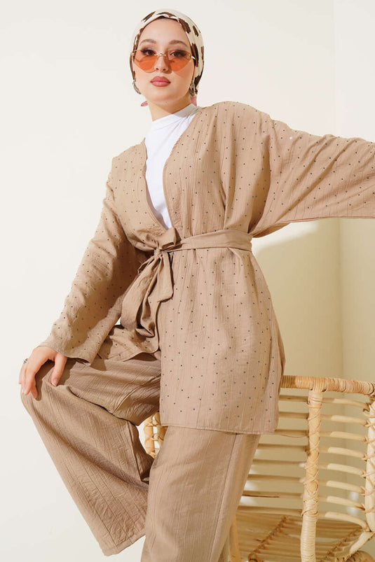 Mini Stone Embellished Kimono Two-Piece Set Latte