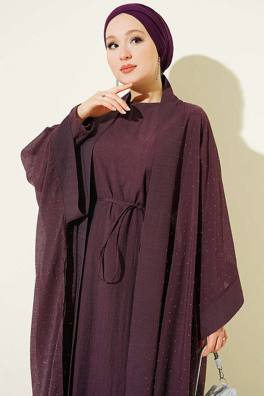 Mini Taşlı Abaya Takım Mürdüm