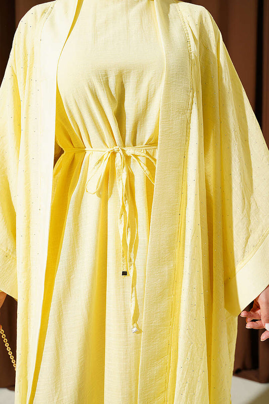 Ensemble Abaya Mini avec Pierres Jaune
