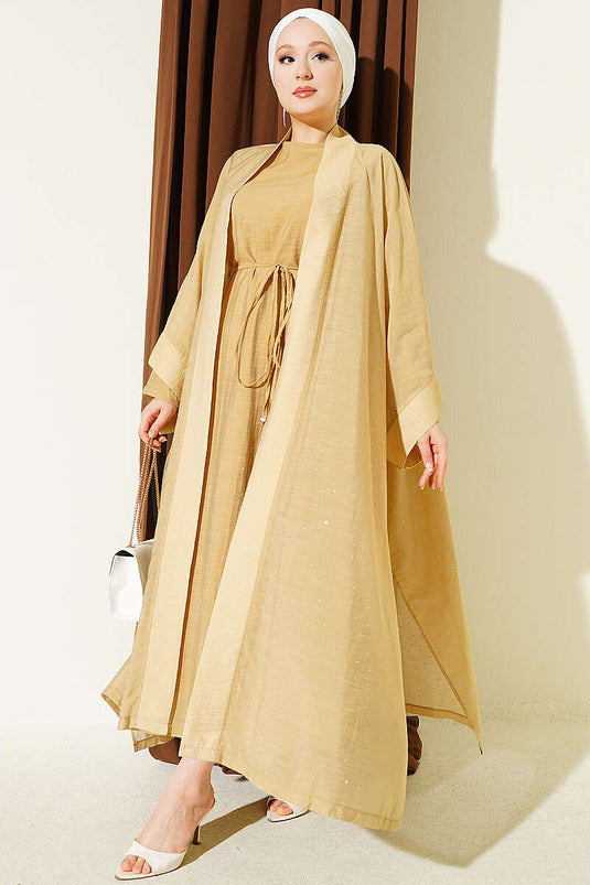 Mini Taşlı Abaya Takım Yağ Yeşili