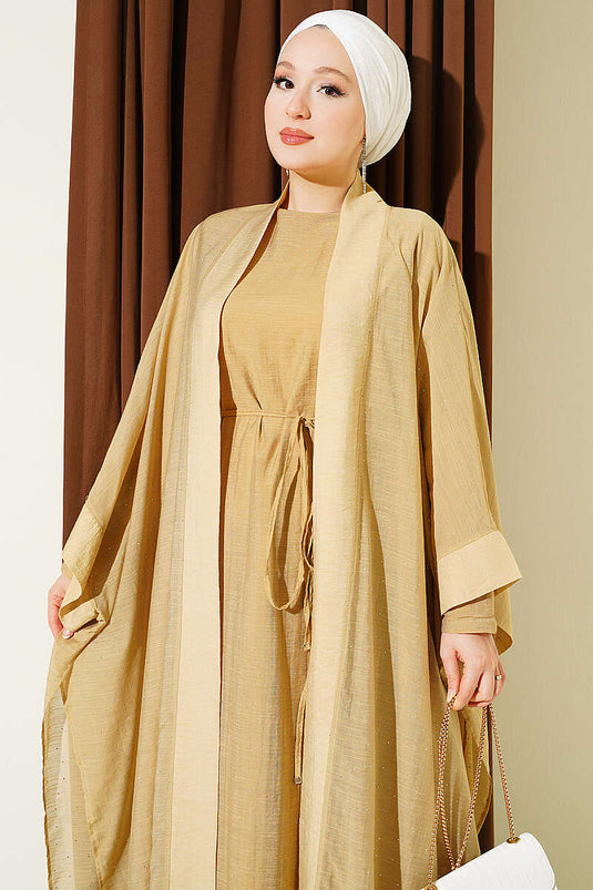 Mini Taşlı Abaya Takım Yağ Yeşili