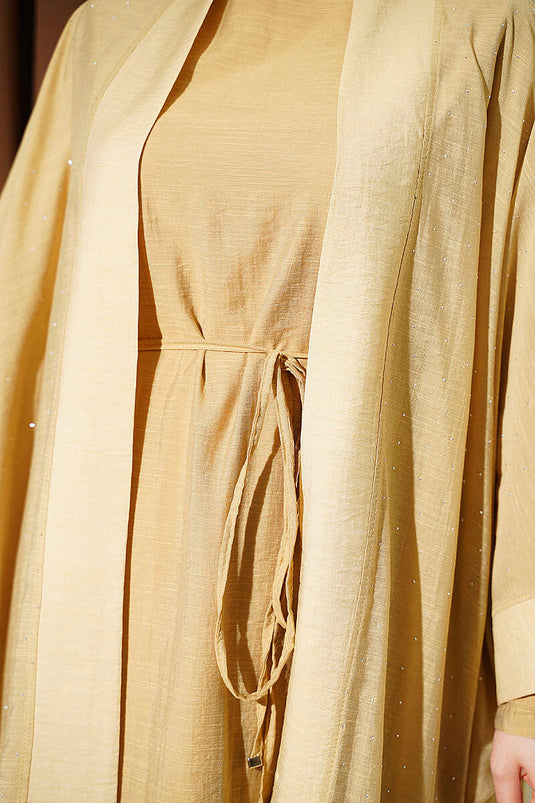 Mini Taşlı Abaya Takım Yağ Yeşili