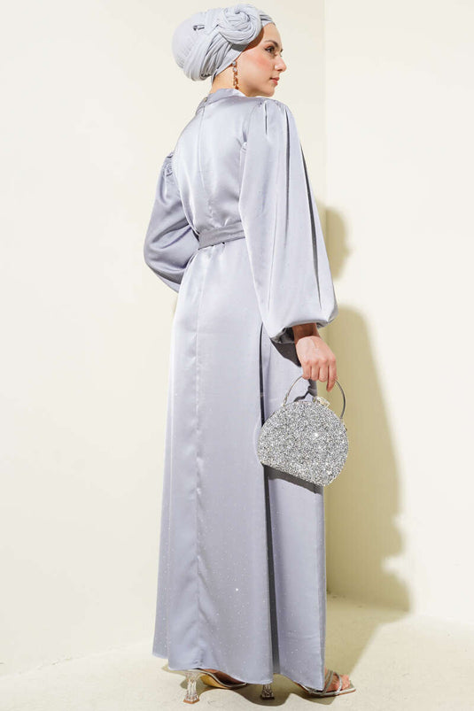 فستان ساتان بأكمام منفوخة حجرية صغيرة رمادي