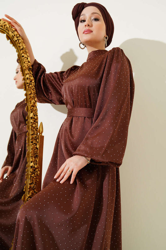 Mini Satin Dress with Balloon Sleeves and Stones, Coffee
