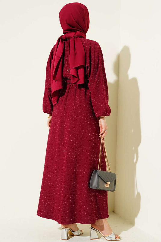 Mini Dress with Elastic Waist and Stones, Burgundy