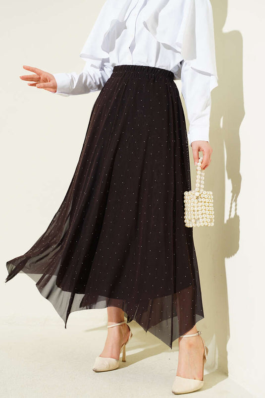 Mini Skirt with Stones and Elastic Waist, Brown