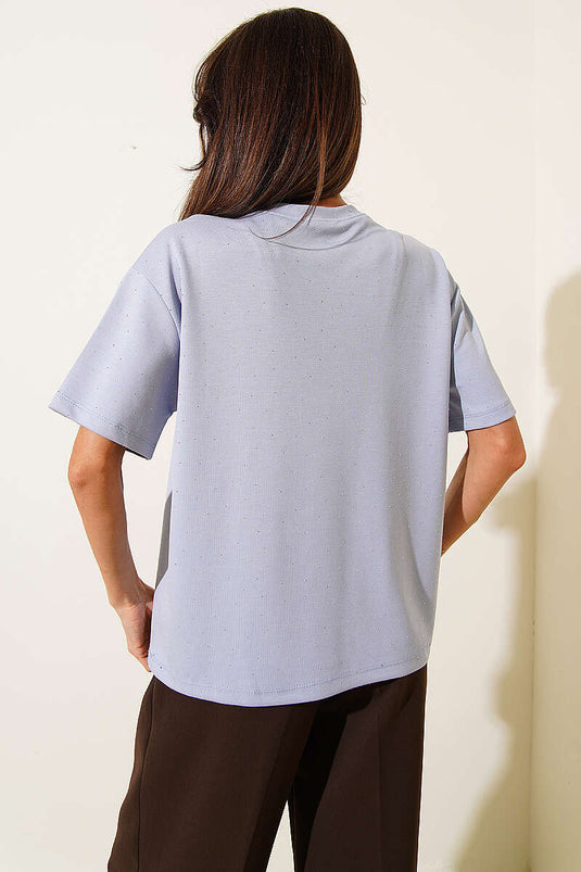 Mini Stone-Embellished Crew Neck T-shirt Ice Blue