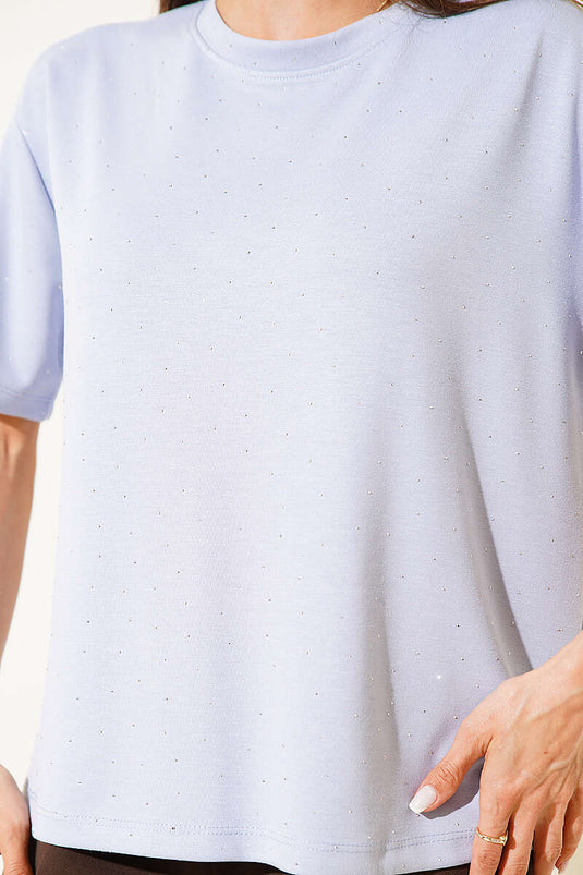 Mini Stone-Embellished Crew Neck T-shirt Ice Blue