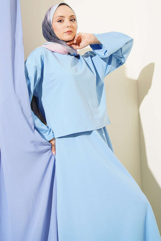 Mini Stone-Embellished Blouse and Skirt Loyşa Two-Piece Set Baby Blue