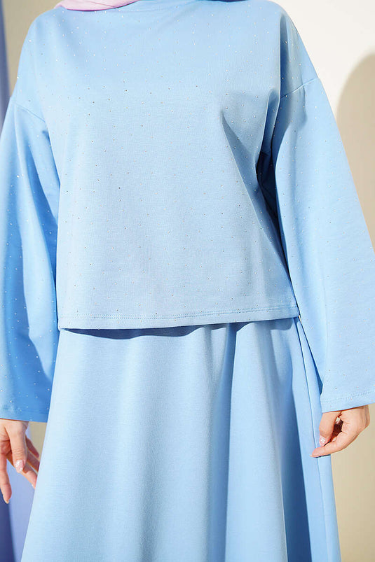 Mini-Set mit Bluse und Rock mit Steinchen, Loyşa, Babyblau