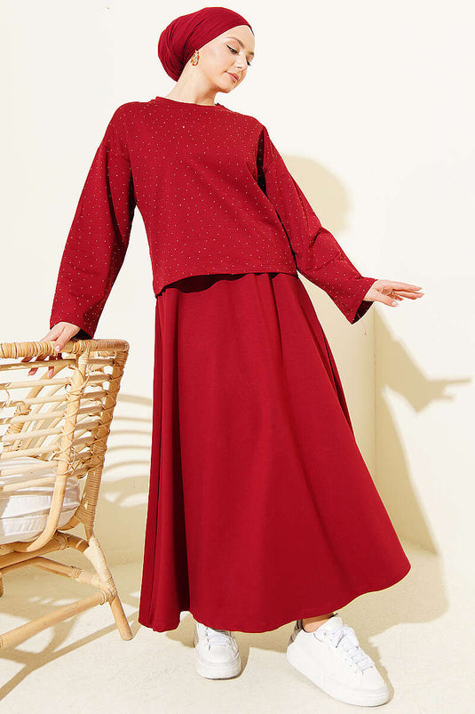 Mini Stone-Embellished Blouse and Skirt Loyşa Two-Piece Set Burgundy