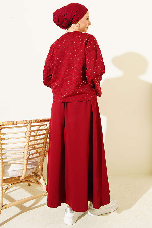 Mini Stone-Embellished Blouse and Skirt Loyşa Two-Piece Set Burgundy