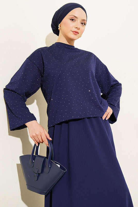 Mini Stone-Embellished Blouse and Skirt Set Loyşa Navy Blue
