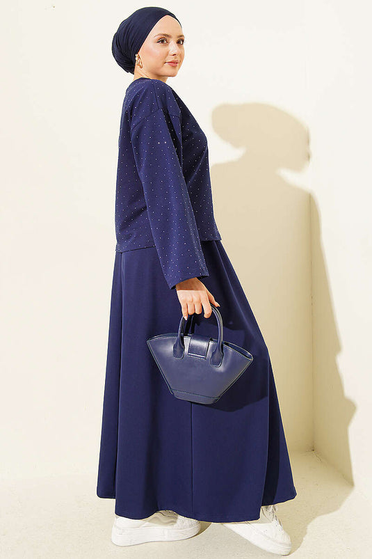Mini Stone-Embellished Blouse and Skirt Set Loyşa Navy Blue