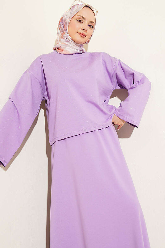 Mini Stone-Embellished Blouse and Skirt Set Loyşa Lilac