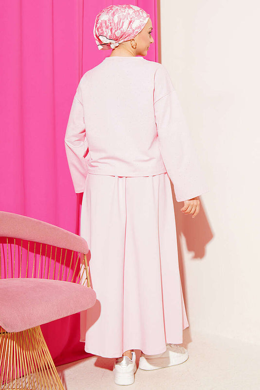 Mini Stone-Embellished Blouse and Skirt Loyşa Two-Piece Set Pink