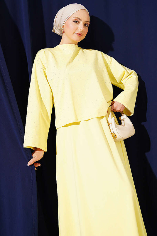 Mini Stone-Embellished Blouse and Skirt Set Loyşa Yellow