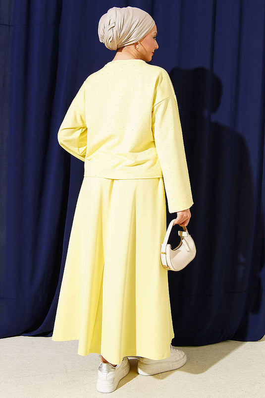 Mini Stone-Embellished Blouse and Skirt Set Loyşa Yellow