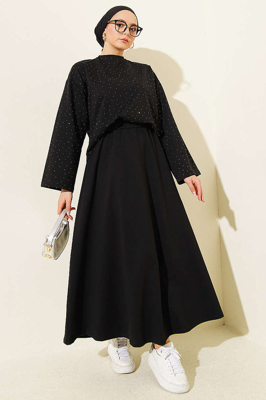 Mini Stone-Embellished Blouse and Skirt Set Loyşa Black