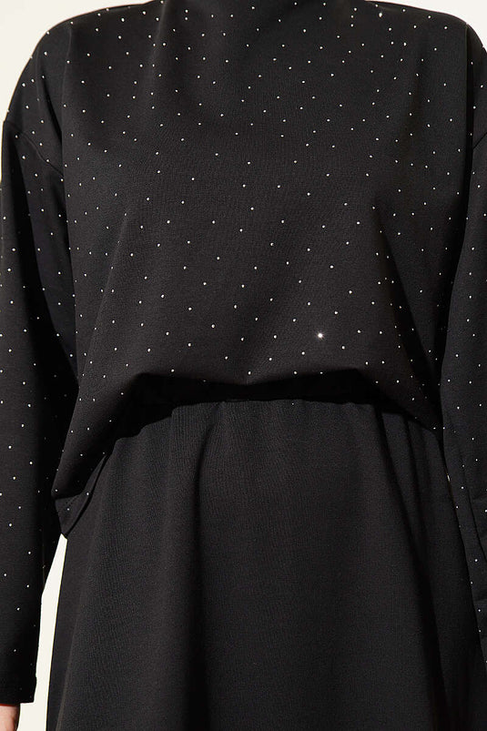 Mini Stone-Embellished Blouse and Skirt Set Loyşa Black
